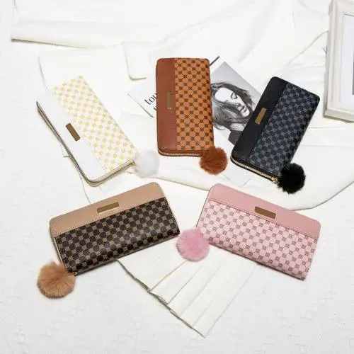 New Product Women's Coin Purse 2024 New Diamond Embroidery Pu Leather with Fur Ball Wallet Small Card Case Casual Clutch Bag