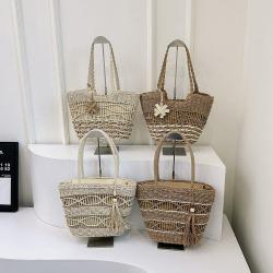 New Handmade Grass Weaving Large Capacity Beach Vacation Contrast Color Handbag