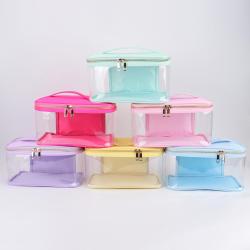 Keymay Stock No MOQ 8 Candy Colors Zipper Toiletry Pouch Organizer Transparent Custom Handle Clear Waterproof PVC Cosmetic Bag