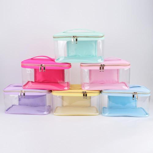 Keymay Stock No MOQ 8 Candy Colors Zipper Toiletry Pouch Organizer Transparent Custom Handle Clear Waterproof PVC Cosmetic Bag