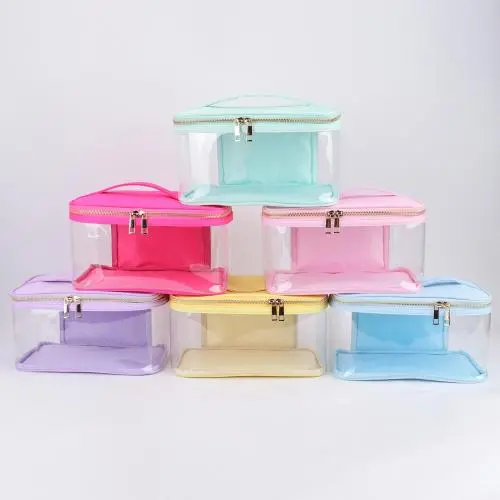Keymay Stock No MOQ 8 Candy Colors Zipper Toiletry Pouch Organizer Transparent Custom Handle Clear Waterproof PVC Cosmetic Bag