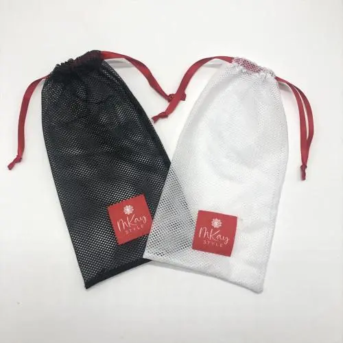 Custom Logo Printing Black White Nylon Mesh Gift Packaging  Bag Luxury Drawstring Mesh Pouch For Shoe