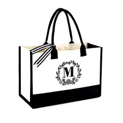 Personalized initials canvas beach bag gift handbag women's black and white solid Cotton Canvas Shoulder Bag