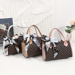2024 Ladies Printed Handbag PU Small round Bag with Silk Scarf Chain Fashionable Shoulder Crossbody Bag