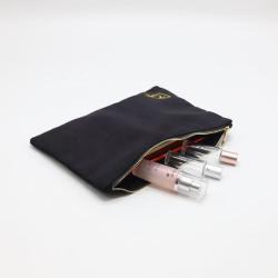 Custom Embroidery Logo Canvas Satin Zipper Cosmetic Packaging Makeup Bag Black Satin Canvas Zipper Cosmetic Pouch