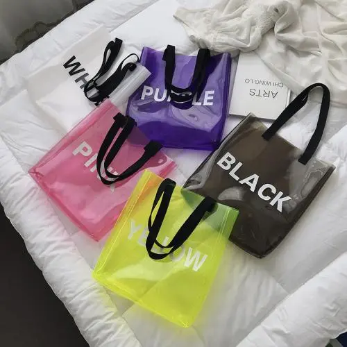 2024 Summer Bucket Jelly Bag pvc Transparent Handbag Single Shoulder Letter Large Capacity Beach Bag