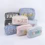 Keymay Personalized Chenille Varsity Letter Patches Cherecked Plaid Cute Pouch Cosmetic Itemes Makeup Bag Zipper Tweed Bag