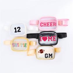 Keymay RTS No MOQ Personalized Chenille Letter Patches Transparent PVC Clear Stadium Bags Waterproof Waist Pack Clear Belt Bag