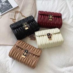 2021 New  Pleated Ladies' Bag Solid Color Luxury Shoulder Bag Fashion Chain Small Thread Square Zipper Bag With Lock