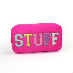 Keymay No MOQ Personalized Cute Beauty Toiletry Bag Nylon Travel Makeup Pouch Chenille Patches Letter Cosmetic Bag