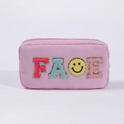 Keymay Factory Wholesale DIY Personalized Chenille Letter Patches Toiletry Bag Organizer Pouch Pink Nylon Cosmetic Travel Bag