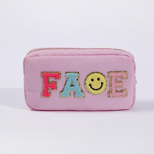 Keymay Factory Wholesale DIY Personalized Chenille Letter Patches Toiletry Bag Organizer Pouch Pink Nylon Cosmetic Travel Bag