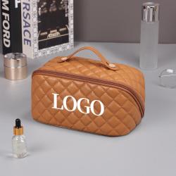 custom print pu leather brown checkered organizer makeup bag make up travel storage cosmetic bags with compartments