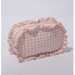 Sprint Cute Lifestyle Storage Organizer Women Girls Polyester Gingham Bag Plaid Travel Toiletry Cosmetic Bag Pink Ruffle Pouch