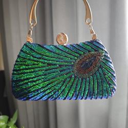 New peacock feather sequined bag chains shoulder vintage dress prom beaded women's clutch bag evening bag 2024