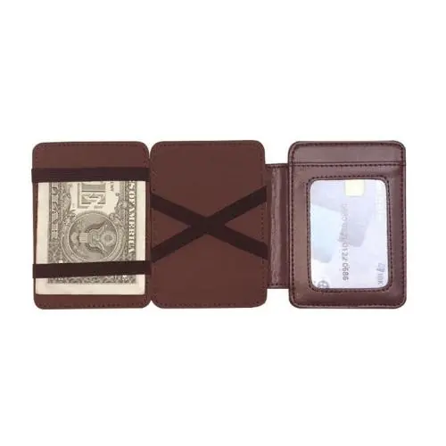 Slim magic wallet custom trifold design pu leather magic wallet for men and women with ID cards credit cards and elastic strap