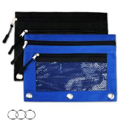 Pencil Pouch Case 3 Rings Binder Double Zipper File Stationery Bag Oxford Cloth Dual Pocket Mesh Window Pencil Bag Multicolor