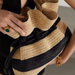 Fashion large capacity paper straw bags ladies shoulder bags handbags summer stripe straw beach bag for women