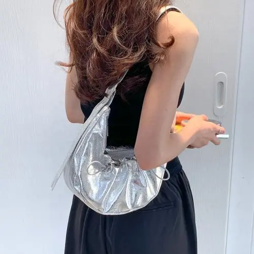 New Silver Fashion Women's Bag Wrinkled Vegetarian Messenger Bags Soft PU Leather Large Capacity Hand Shoulder Bag