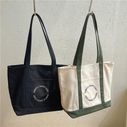 Women's simple monogram embroidery shopping canvas bag fashion trend single shoulder bag large capacity color patchwork handbag