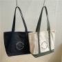 Women's simple monogram embroidery shopping canvas bag fashion trend single shoulder bag large capacity color patchwork handbag