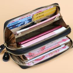 Oil Wax Cowhide Customs Wallet Pure Color Wallets Female Long Double Zipper Large Capacity Genuine Leather Wallet