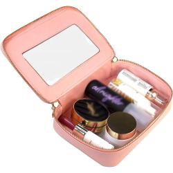 Travel Makeup Leather Make Up Bag Clear Cosmetic Bag with Zipper Makeup Organizer Bag with Detachable Brush Holder