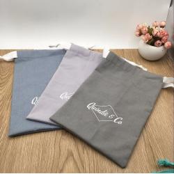 Custom Logo Printed Linen Cotton Drawstring Pouch Soft Light Grey Blue Cotton Linen Gift Packaging Bag