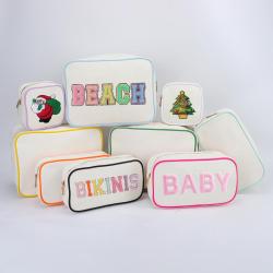 Keymay Custom Personalized Chenille Letter Patch Makeup Bag Women Travel Zipper Toiletry Pouch Canvas Cosmetic Bag