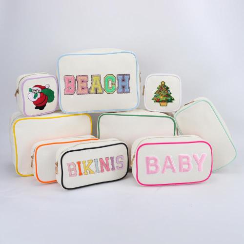 Keymay Custom Personalized Chenille Letter Patch Makeup Bag Women Travel Zipper Toiletry Pouch Canvas Cosmetic Bag