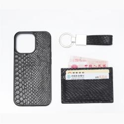 OEM Custom Hot Sales Luxury Genuine Snake Skin Leather Gift Sets Card Holder Keychain Mobile Phone Back Case For Iphone 13 14 15