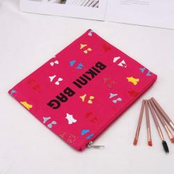 Custom Reusable Logo Printed Canvas Zipper Bag For Cosmetic Bikini Rose Red Cotton Canvas Travel Makeup Pouch