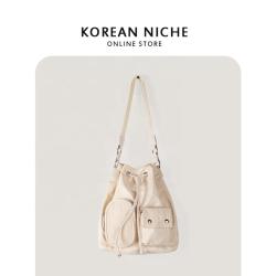 New Nylon Shoulder Bag External Pocket Cool Girls Nylon Tote Bag Drawstring Design Waterproof Bucket Bag for Women