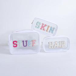 Keymay Personalized Embroidery Chenille Letter Patches Waterproof Clear Zipper Cosmetic Bag Makeup Organizer Toiletry Bag Travel