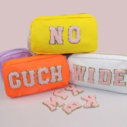 Keymay Cute Personalised Letter Patches Nylon Makeup Pouch Nylon Zipper Travel Fabric Toiletry Bag Cosmetic Bags Bridesmaid Gift
