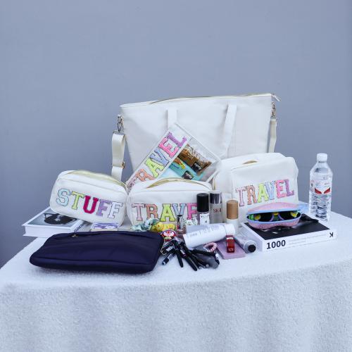 Keymay RTS Personalized Chenille Patch Large Tote Weekenderbeach Travel Bag Zippered Tote Bag Ladies Handbag Nylon Tote Bag