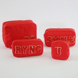 RTS Stock Nylon Big Red S M L XL Personalized Glitter Patches DIY Custom Women Girls Lady Travel Toiletry Makeup Cosmetic Bag