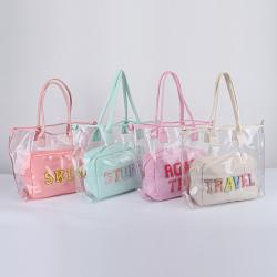 Low MOQ 10 Bright Colors Waterproof Beach Tote Large Clear PVC Handbag Women PVC Tote Bags Transparent Bag