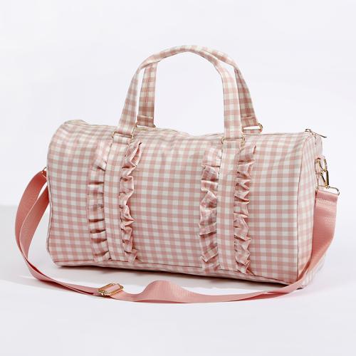 Keymay Popular RTS Stock Large Capacity Shoulder Bag Pink Gingham Ruffle Handbag Overnight Weekend Duffle Bag Travel Bag Luggage