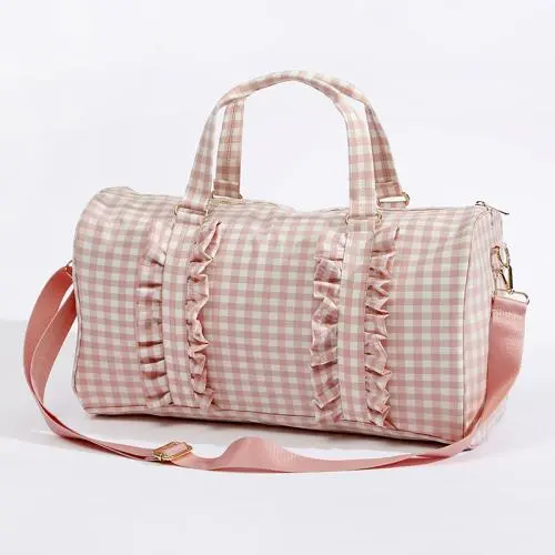 Keymay Popular RTS Stock Large Capacity Shoulder Bag Pink Gingham Ruffle Handbag Overnight Weekend Duffle Bag Travel Bag Luggage