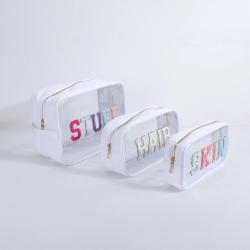 Keymay Personalized Embroidery Chenille Letter Patches Waterproof Clear Zipper Cosmetic Bag Makeup Organizer Toiletry Bag Travel