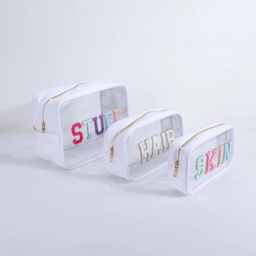 Keymay Personalized Embroidery Chenille Letter Patches Waterproof Clear Zipper Cosmetic Bag Makeup Organizer Toiletry Bag Travel
