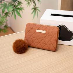 Women's Coin Purse 2024 New Diamond Embroidery Pu Leather with Fur Ball Women's Wallet Small Card Case Casual Small Bag