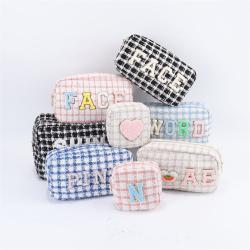 Keymay Personalized Chenille Varsity Letter Patches Cherecked Plaid Cute Pouch Cosmetic Itemes Makeup Bag Zipper Tweed Bag
