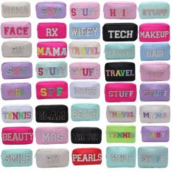 Keymay High Quality 23 Colors RTS Stock DIY Personalized Chenille Letter Waterproof Pouch Nylon Makeup Bags Travel Cosmetic Bag