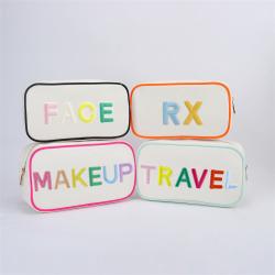 Keymay Popular RTS Stock Multi-color 4 Sizes Embroidery Letter Patches Zipper Cosmetic Bag Travel Organizer Canvas Makeup Bag