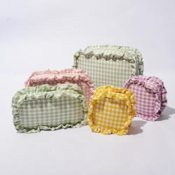 Kemay No MOQ Nylon Zipper Pouch Portable Personalized Gingham Ruffles Small Cosmetic Storage Wash Bag Mini Make Up Bags