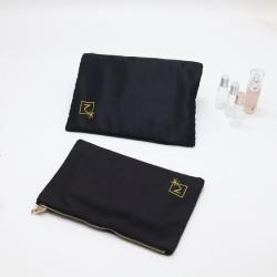Custom Embroidery Logo Canvas Satin Zipper Cosmetic Packaging Makeup Bag Black Satin Canvas Zipper Cosmetic Pouch