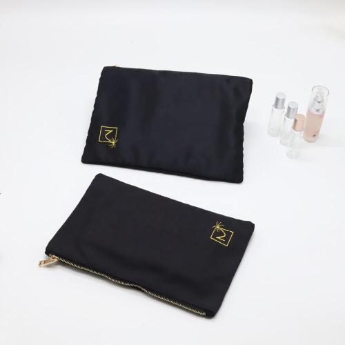 Custom Embroidery Logo Canvas Satin Zipper Cosmetic Packaging Makeup Bag Black Satin Canvas Zipper Cosmetic Pouch