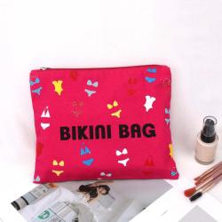 Custom Reusable Logo Printed Canvas Zipper Bag For Cosmetic Bikini Rose Red Cotton Canvas Travel Makeup Pouch